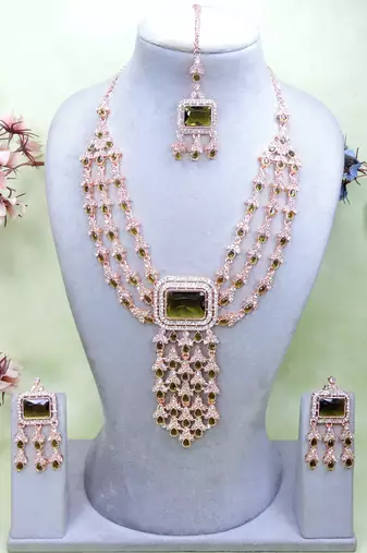 Green rose gold premium designer american diamond and stone work necklace set