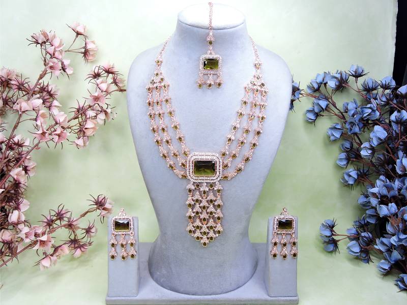 Green rose gold premium designer american diamond and stone work necklace set