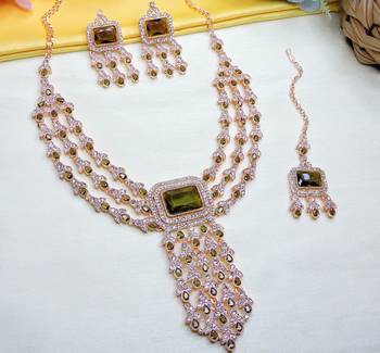 Green rose gold premium designer american diamond and stone work necklace set 2