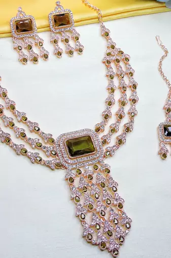 Green rose gold premium designer american diamond and stone work necklace set