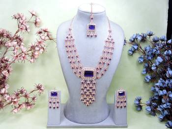 Blue rose gold premium designer american diamond and stone work necklace set 1