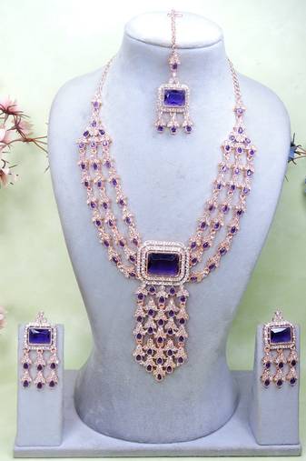 Blue rose gold premium designer american diamond and stone work necklace set