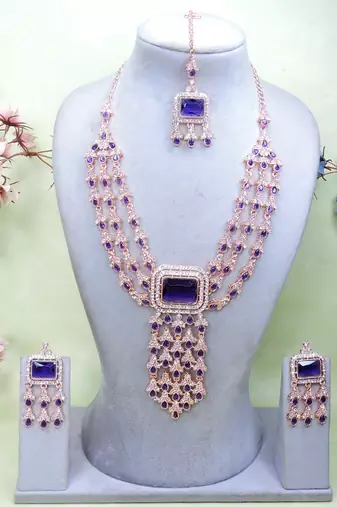 Blue rose gold premium designer american diamond and stone work necklace set