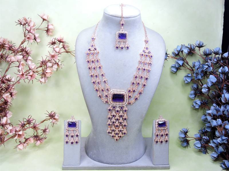 Blue rose gold premium designer american diamond and stone work necklace set