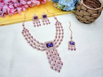 Blue rose gold premium designer american diamond and stone work necklace set 2