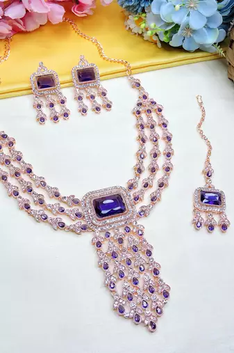 Blue rose gold premium designer american diamond and stone work necklace set