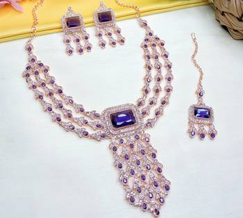 Blue rose gold premium designer american diamond and stone work necklace set 3