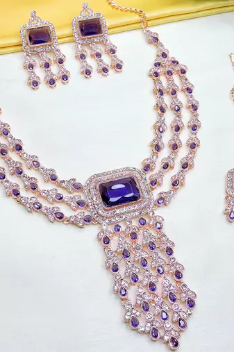 Blue rose gold premium designer american diamond and stone work necklace set