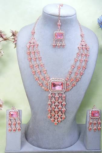 Pink rose gold premium designer american diamond and stone work necklace set