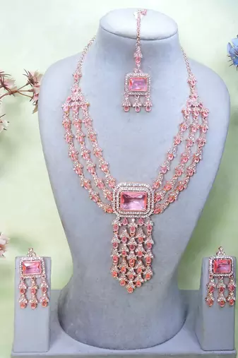 Pink rose gold premium designer american diamond and stone work necklace set