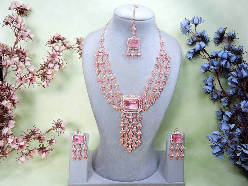 Pink rose gold premium designer american diamond and stone work necklace set