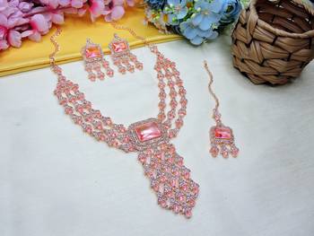 Pink rose gold premium designer american diamond and stone work necklace set 2