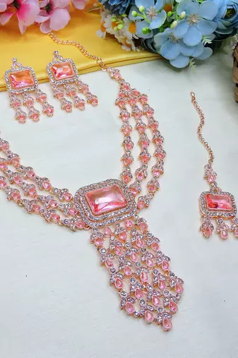 Pink rose gold premium designer american diamond and stone work necklace set