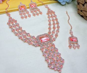 Pink rose gold premium designer american diamond and stone work necklace set 3