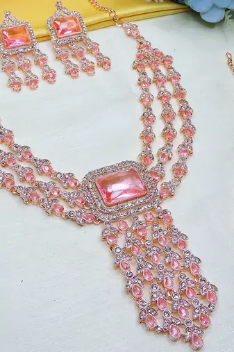 Pink rose gold premium designer american diamond and stone work necklace set