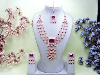 Purple rose gold premium designer american diamond and stone work necklace set 1
