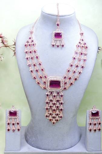 Purple rose gold premium designer american diamond and stone work necklace set