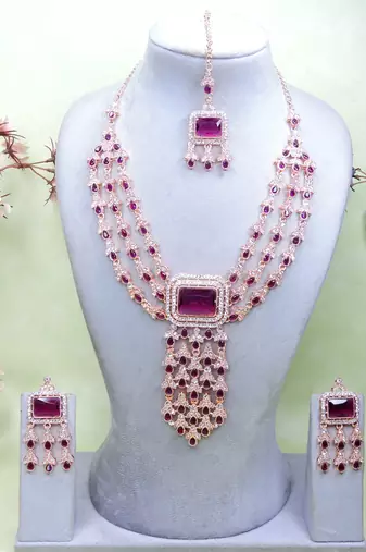 Purple rose gold premium designer american diamond and stone work necklace set