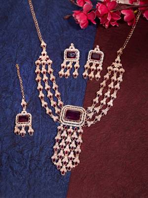 Purple rose gold premium designer american diamond and stone work necklace set 2