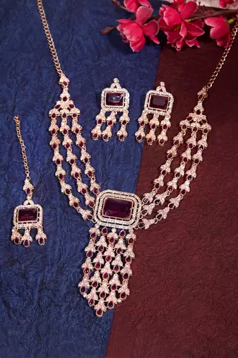 Purple rose gold premium designer american diamond and stone work necklace set