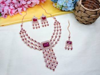 Purple rose gold premium designer american diamond and stone work necklace set 3