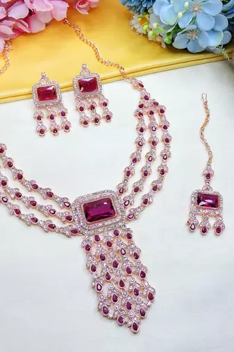 Purple rose gold premium designer american diamond and stone work necklace set
