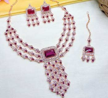 Purple rose gold premium designer american diamond and stone work necklace set 4