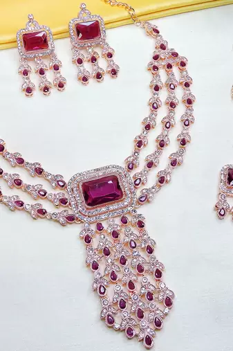 Purple rose gold premium designer american diamond and stone work necklace set