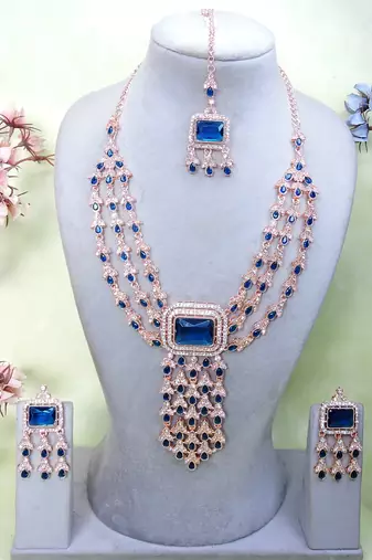 Blue rose gold premium designer american diamond and stone work necklace set