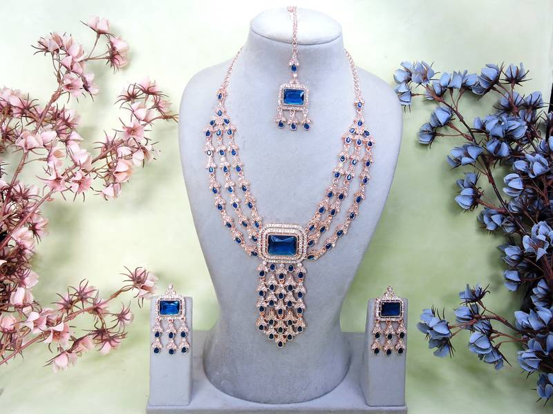 Blue rose gold premium designer american diamond and stone work necklace set