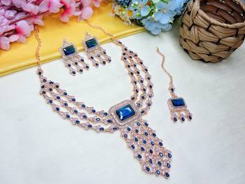 Blue rose gold premium designer american diamond and stone work necklace set 2