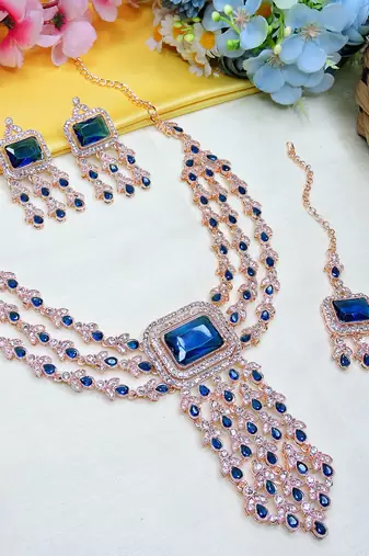 Blue rose gold premium designer american diamond and stone work necklace set