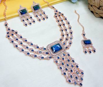 Blue rose gold premium designer american diamond and stone work necklace set 3