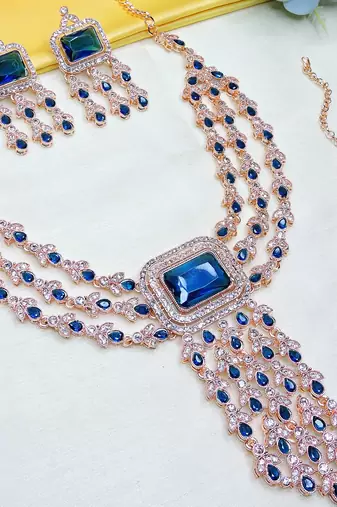 Blue rose gold premium designer american diamond and stone work necklace set
