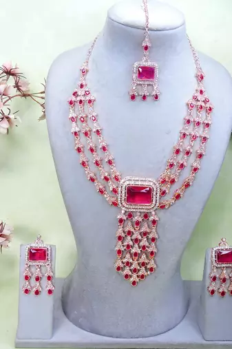 Pink rose gold premium designer american diamond and stone work necklace set