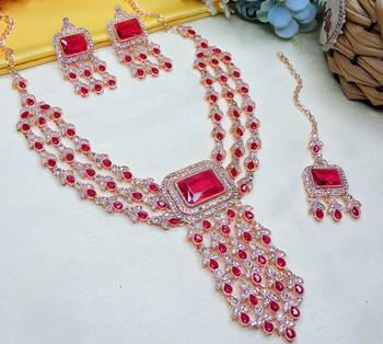Pink rose gold premium designer american diamond and stone work necklace set 2