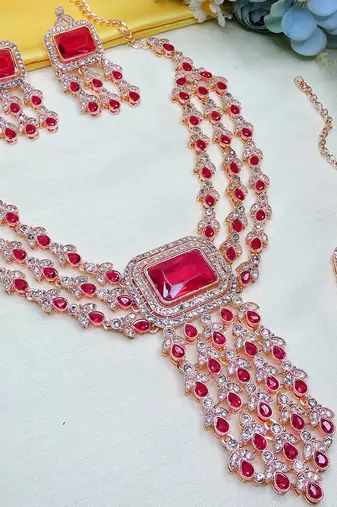 Pink rose gold premium designer american diamond and stone work necklace set
