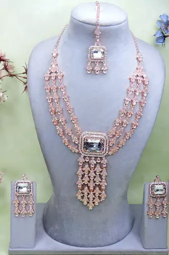 White rose gold premium designer american diamond and stone work necklace set