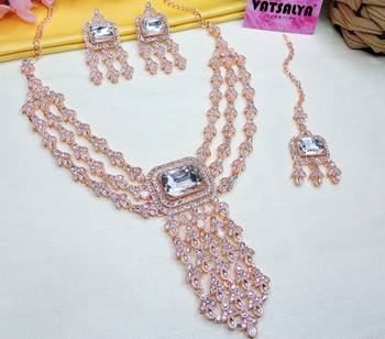 White rose gold premium designer american diamond and stone work necklace set 1