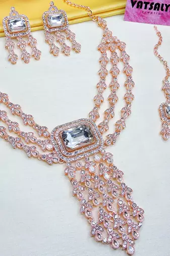 White rose gold premium designer american diamond and stone work necklace set