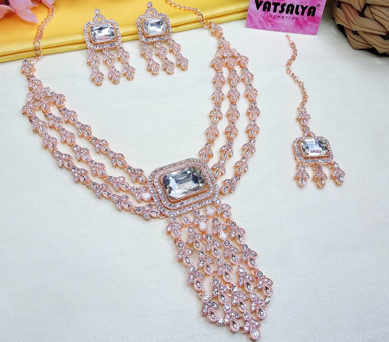 White rose gold premium designer american diamond and stone work necklace set