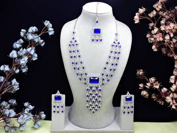Blue rhodium premium designer american diamond and stone work necklace set 1