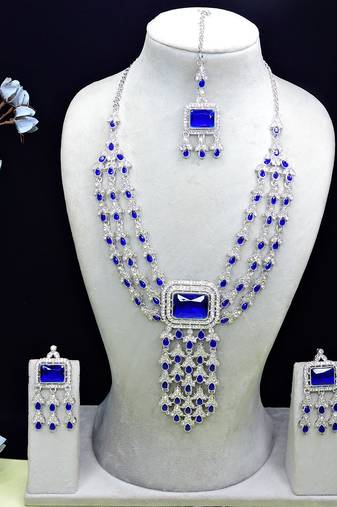 Blue rhodium premium designer american diamond and stone work necklace set