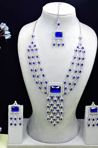 Blue rhodium premium designer american diamond and stone work necklace set