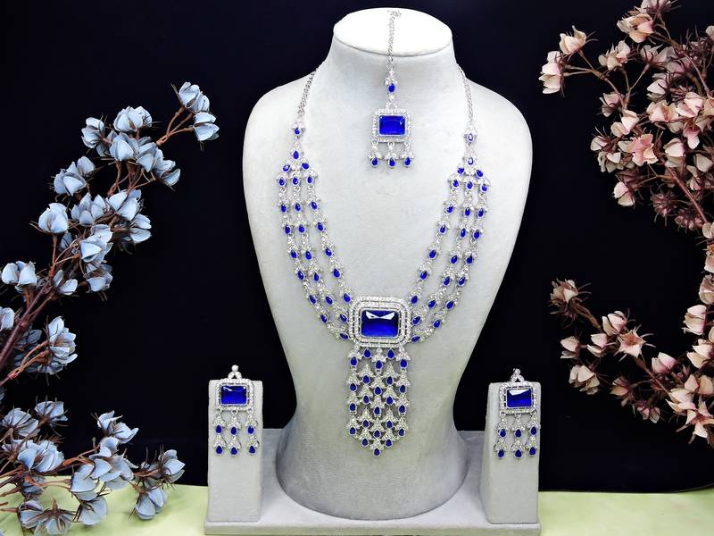 Blue rhodium premium designer american diamond and stone work necklace set