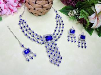 Blue rhodium premium designer american diamond and stone work necklace set 2