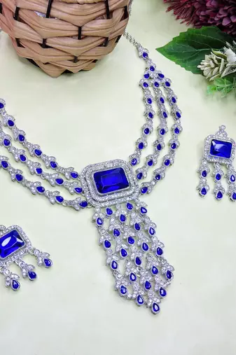 Blue rhodium premium designer american diamond and stone work necklace set