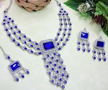 Blue rhodium premium designer american diamond and stone work necklace set 3