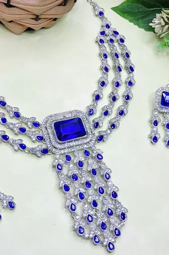 Blue rhodium premium designer american diamond and stone work necklace set