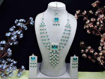 Green rhodium premium designer american diamond and stone work necklace set 1
